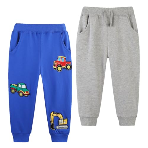 Pilipulu 2er Pack Jungen Bottoms Jogginghose Elastischem Bund Sweathose Baumwolle Dinosaurier Kinder Sporthose Jogger Hose 92 Graue+Autos von Pilipulu
