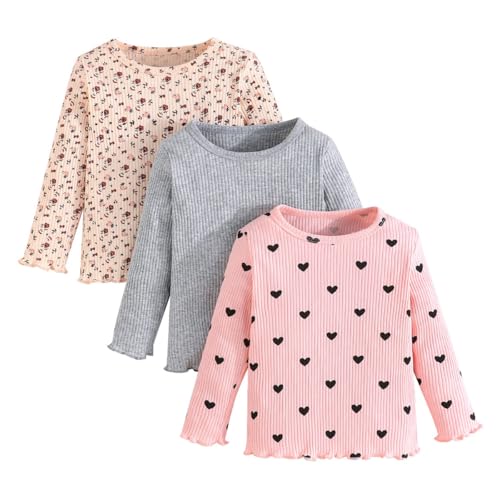 Pilipulu 3er-Pack Mädchen T-Shirt Langarm Rundhals Baumwolle Shirts Rüschenbündchen Basic Oberteile Kinder Hellgrau+Blumen+Herz 122 von Pilipulu