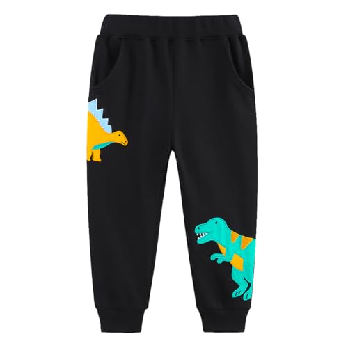 Pilipulu Jungen Bottoms Jogginghose Elastischem Bund Sweathose Baumwolle Dinosaurier Kinder Sporthose Jogger Hose 110 Schwarz+Dinosaurier 2 von Pilipulu