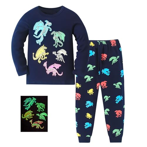 Pilipulu Jungen Schlafanzug Langarm Baumwolle Winter Pyjama Set Dinosaurier Glow in The Dark Nachtwäsche 6 Jahre alt Größe 116 Dunkelblau Dinosaurier von Pilipulu