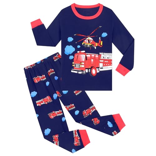 Pilipulu Jungen Schlafanzug Langarm Baumwolle Winter Pyjama Set Feuerwehrauto Boys Nachtwäsche 9 Jahre alt Größe 134 Dunkelblau Feuerwehrauto von Pilipulu