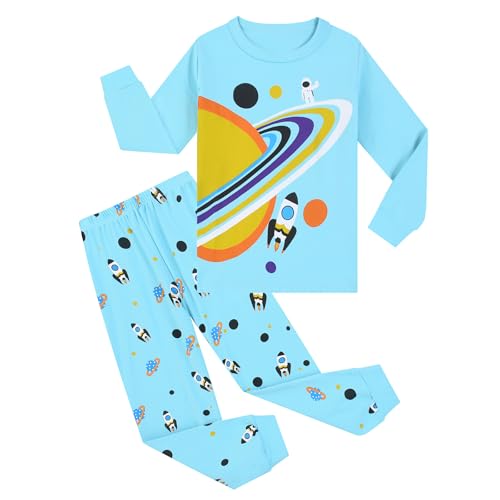 Pilipulu Jungen Schlafanzug Langarm Baumwolle Winter Pyjama Set Planeten Boys Nachtwäsche 8 Jahre alt Größe 128 Blau Planeten von Pilipulu