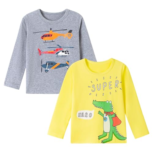 Pilipulu Langarmshirt Jungen Baumwolle Longsleeve Kinder Dinosaurier Bagger Langärmelige T-Shirts Baby Jungen 2er Pack, Größe 110, Hubschrauber 1 von Pilipulu
