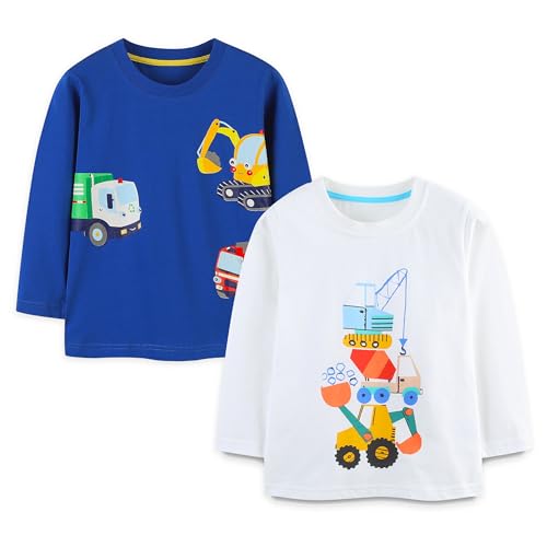 Pilipulu Langarmshirt Jungen Baumwolle Longsleeve Kinder Dinosaurier Bagger Langärmelige T-Shirts Baby Jungen 2er Pack, Größe 116, Bagger 1 von Pilipulu