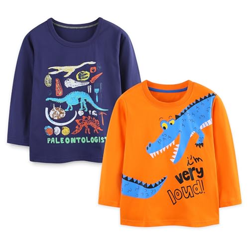 Pilipulu Langarmshirt Jungen Baumwolle Longsleeve Kinder Dinosaurier Bagger Langärmelige T-Shirts Baby Jungen 2er Pack, Größe 116, Dinosaurier 2 von Pilipulu