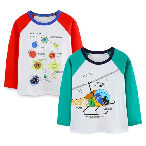 Pilipulu Langarmshirt Jungen Baumwolle Longsleeve Kinder Dinosaurier Bagger Langärmelige T-Shirts Baby Jungen 2er Pack, Größe 116, Universum 1 von Pilipulu