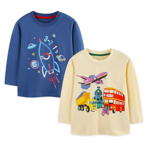 Pilipulu Langarmshirt Jungen Baumwolle Longsleeve Kinder Dinosaurier Bagger Langärmelige T-Shirts Baby Jungen 2er Pack, Größe 122, Raketen 1 von Pilipulu