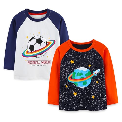 Pilipulu Langarmshirt Jungen Baumwolle Longsleeve Kinder Dinosaurier Bagger Langärmelige T-Shirts Baby Jungen 2er Pack, Größe 122, Universum 2 von Pilipulu