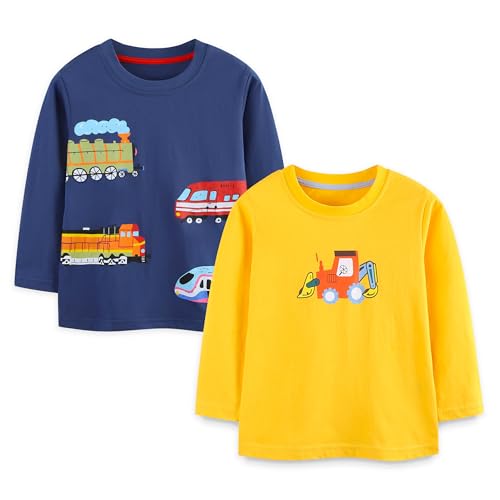 Pilipulu Langarmshirt Jungen Baumwolle Longsleeve Kinder Dinosaurier Bagger Langärmelige T-Shirts Baby Jungen 2er Pack, Größe 92, Auto 1 von Pilipulu