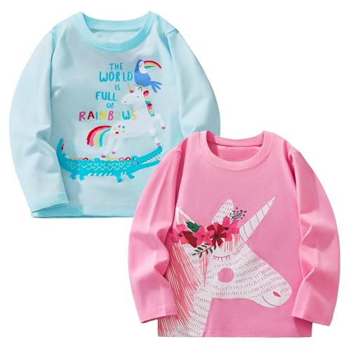 Pilipulu Langarmshirt Mädchen Baumwolle Longsleeve Kinder Mädchen Einhorn Häschen Rundhals Langarm Tops 2er Pack für Kinder, Größe 104, Einhorn 4 von Pilipulu