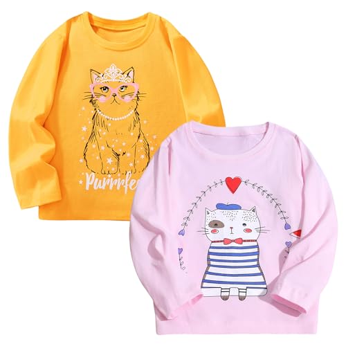 Pilipulu Langarmshirt Mädchen Baumwolle Longsleeve Kinder Mädchen Einhorn Häschen Rundhals Langarm Tops 2er Pack für Kinder, Größe 104, Katze 1 von Pilipulu