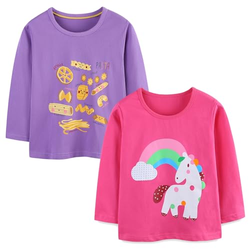 Pilipulu Langarmshirt Mädchen Baumwolle Longsleeve Kinder Mädchen Einhorn Häschen Rundhals Langarm Tops 2er Pack für Kinder, Größe 116, Einhorn 1 von Pilipulu