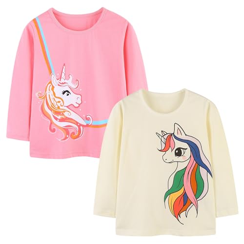Pilipulu Langarmshirt Mädchen Baumwolle Longsleeve Kinder Mädchen Einhorn Häschen Rundhals Langarm Tops 2er Pack für Kinder, Größe 122, Einhorn 2 von Pilipulu