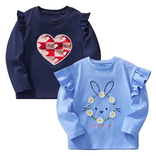 Pilipulu Langarmshirt Mädchen Baumwolle Longsleeve Kinder Mädchen Einhorn Häschen Rundhals Langarm Tops 2er Pack für Kinder, Größe 122, Häschen 1 von Pilipulu