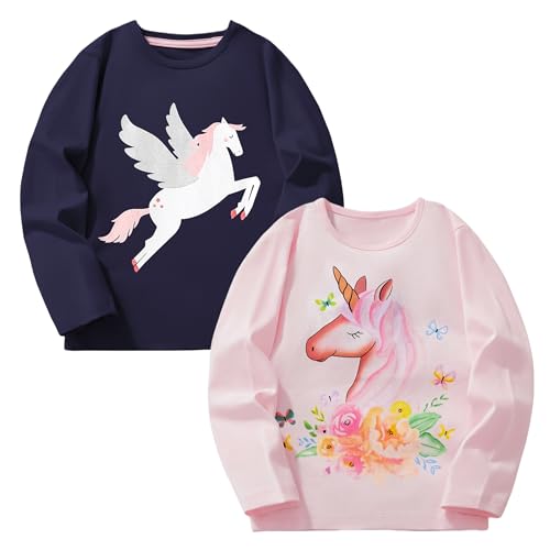 Pilipulu Langarmshirt Mädchen Baumwolle Longsleeve Kinder Mädchen Einhorn Häschen Rundhals Langarm Tops 2er Pack für Kinder, Größe 128, Einhorn 3 von Pilipulu