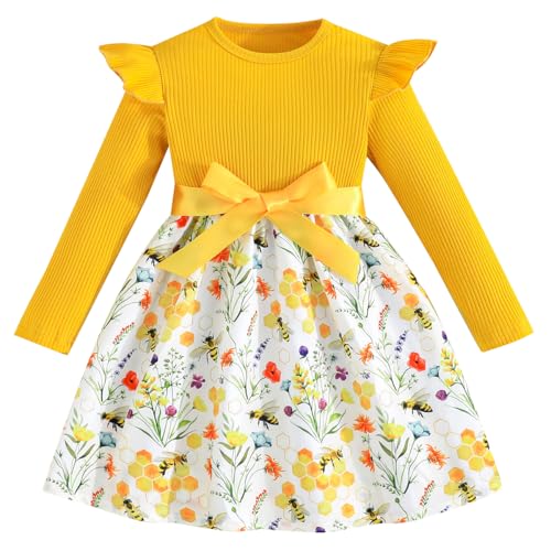 Pilipulu Mädchen Kleid Blumen Bowknot Langarm Kinder Kleider Rüschenärmel A-Linie Kleid Rundhals Gelb 122 von Pilipulu