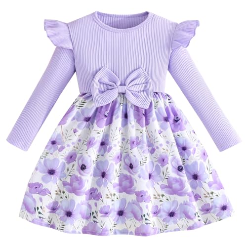 Pilipulu Mädchen Kleid Blumen Bowknot Langarm Kinder Kleider Rüschenärmel A-Linie Kleid Rundhals Lila 104 von Pilipulu