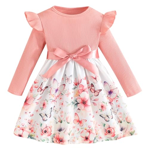 Pilipulu Mädchen Kleid Blumen Bowknot Langarm Kinder Kleider Rüschenärmel A-Linie Kleid Rundhals Rosa 122 von Pilipulu