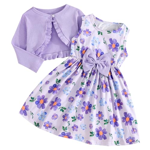 Pilipulu Mädchen Kleid mit Strickjacke Set 2Pcs Outfits A-Linie Blumen Bowknot Ärmellos Kinder Kleider mit Langarm Ruffle Mantel Lila Blumen 128 von Pilipulu