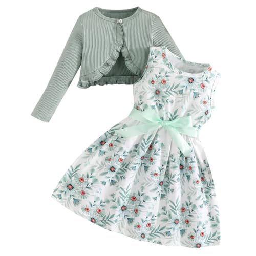 Pilipulu Mädchen Kleid mit Strickjacke Set 2Pcs Outfits A-Linie Blumen Bowknot Ärmellos Kinder Kleider mit Langarm Ruffle Mantel Mint Blumen 104 von Pilipulu