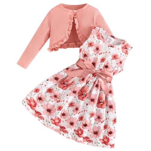 Pilipulu Mädchen Kleid mit Strickjacke Set 2Pcs Outfits A-Linie Blumen Bowknot Ärmellos Kinder Kleider mit Langarm Ruffle Mantel Rosa Blumen 128 von Pilipulu