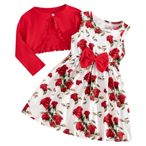 Pilipulu Mädchen Kleid mit Strickjacke Set 2Pcs Outfits A-Linie Blumen Bowknot Ärmellos Kinder Kleider mit Langarm Ruffle Mantel Rote Rose 122 von Pilipulu