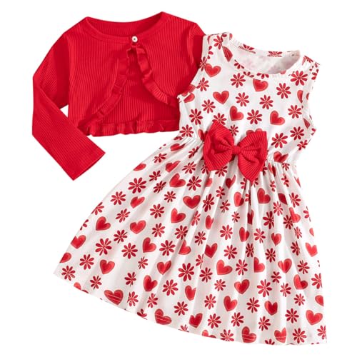 Pilipulu Mädchen Kleid mit Strickjacke Set 2Pcs Outfits A-Linie Blumen Bowknot Ärmellos Kinder Kleider mit Langarm Ruffle Mantel Rotes Herz 128 von Pilipulu