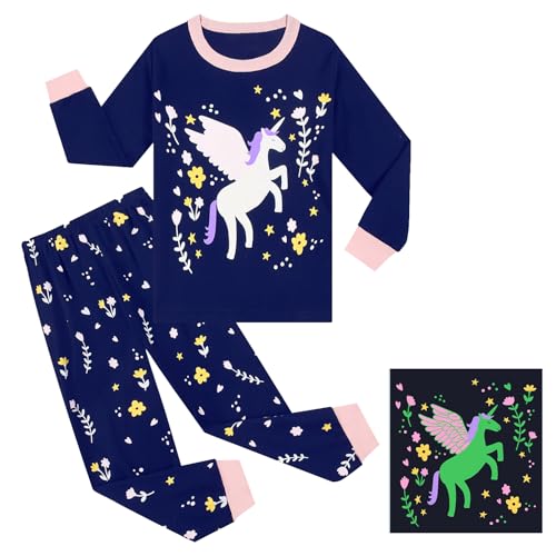 Pilipulu Mädchen Schlafanzüge Langarm Baumwolle Einhorn Schlafanzug Kinder Unicorn Pyjama Set Nachtwäsche 122 Glow in The Dark/Einhorn 2 von Pilipulu