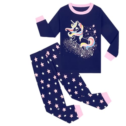 Pilipulu Mädchen Schlafanzüge Langarm Baumwolle Einhorn Schlafanzug Kinder Unicorn Pyjama Set Nachtwäsche 128 Glow in The Dark/Einhorn 1 von Pilipulu