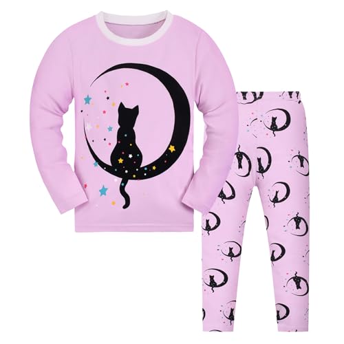 Pilipulu Mädchen Schlafanzüge Langarm Baumwolle Katze Schlafanzug Kinder Cat Pyjama Set Nachtwäsche 128 Lila/Katze von Pilipulu