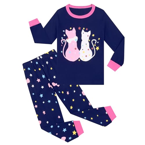 Pilipulu Mädchen Schlafanzüge Langarm Baumwolle Katze Schlafanzug Kinder Cat Pyjama Set Nachtwäsche 152 Marineblau/Katze von Pilipulu