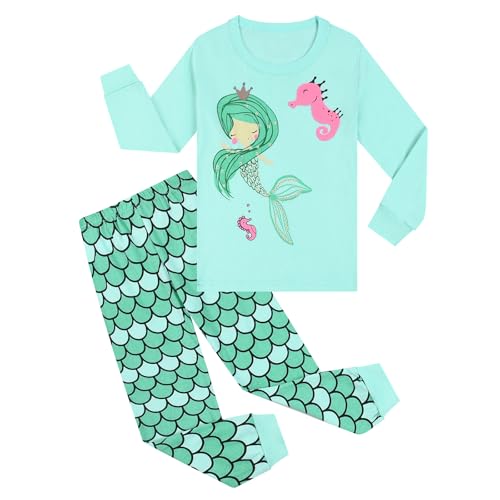Pilipulu Mädchen Schlafanzüge Langarm Baumwolle Meerjungfrau Schlafanzug Kinder Mermaid Pyjama Set Nachtwäsche 116 Grün/Meerjungfrau von Pilipulu