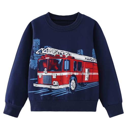 Pilipulu Sweatshirt Jungen Kinder Pullover Jungen Baumwolle Langarmshirt Kinder Dinosaurier Bagger Warm Tops 2-7 Jahre, Feuerwehrauto/Dunkelblau, 98 von Pilipulu