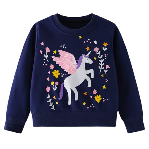 Pilipulu Sweatshirt Mädchen Pullover Kinder Mädchen Baumwolle Langarmshirt Einhorn Häschen Warm Tops 2-8 Jahre, Einhorn/Dunkelblau, 110 von Pilipulu