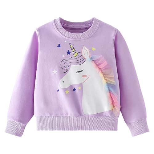 Pilipulu Sweatshirt Mädchen Pullover Kinder Mädchen Baumwolle Langarmshirt Einhorn Häschen Warm Tops 2-8 Jahre, Einhorn/Lila, 122 von Pilipulu