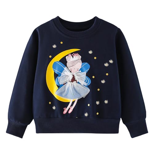 Pilipulu Sweatshirt Mädchen Pullover Kinder Mädchen Baumwolle Langarmshirt Einhorn Häschen Warm Tops 2-8 Jahre, Elfen/Dunkelblau, 128 von Pilipulu