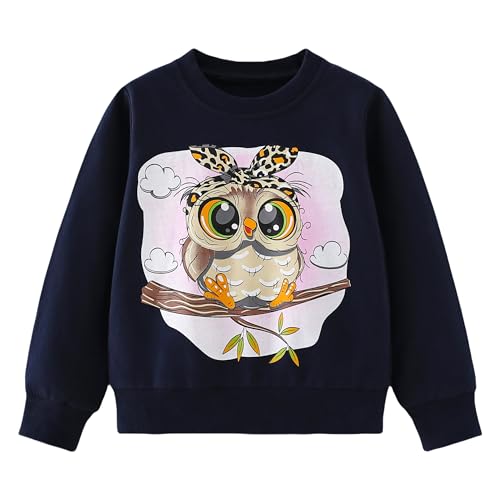 Pilipulu Sweatshirt Mädchen Pullover Kinder Mädchen Baumwolle Langarmshirt Einhorn Häschen Warm Tops 2-8 Jahre, Eule/Dunkelblau, 128 von Pilipulu