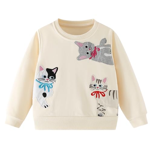 Pilipulu Sweatshirt Mädchen Pullover Kinder Mädchen Baumwolle Langarmshirt Einhorn Häschen Warm Tops 2-8 Jahre, Katze/Beige, 98 von Pilipulu