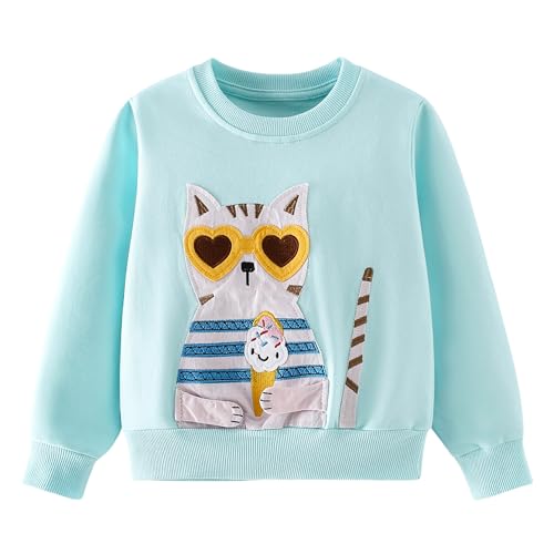 Pilipulu Sweatshirt Mädchen Pullover Kinder Mädchen Baumwolle Langarmshirt Einhorn Häschen Warm Tops 2-8 Jahre, Katze/Hellblauer, 122 von Pilipulu