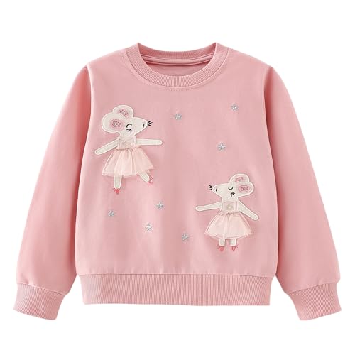 Pilipulu Sweatshirt Mädchen Pullover Kinder Mädchen Baumwolle Langarmshirt Einhorn Häschen Warm Tops 2-8 Jahre, Mäuschen/Rosa, 92 von Pilipulu