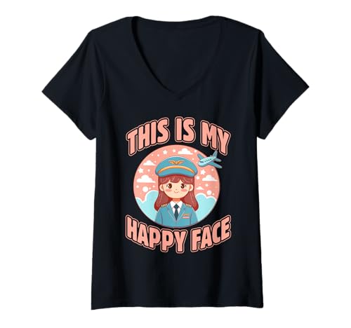 Damen Das ist mein Happy Face Funny Woman Pilot Airplane T-Shirt mit V-Ausschnitt Damen Das ist mein Happy Face Funny Woman Pilot Airplane T-Shirt mit V-Ausschnitt von Pilot Christmas Funny Airline Present