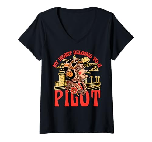 Damen Mein Herz gehört einem Piloten Funny Woman Pilot Airplane T-Shirt mit V-Ausschnitt Damen Mein Herz gehört einem Piloten Funny Woman Pilot Airplane T-Shirt mit V-Ausschnitt von Pilot Christmas Funny Airline Present