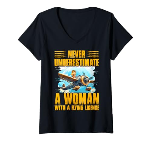 Damen Unterschätzen Sie niemals eine Frau mit einem Flugschein T-Shirt mit V-Ausschnitt Damen Unterschätzen Sie niemals eine Frau mit einem Flugschein T-Shirt mit V-Ausschnitt von Pilot Christmas Funny Airline Present