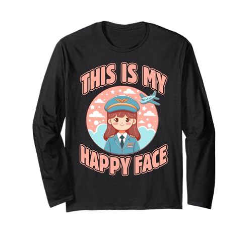 Das ist mein Happy Face Funny Woman Pilot Airplane Langarmshirt Das ist mein Happy Face Funny Woman Pilot Airplane Langarmshirt von Pilot Christmas Funny Airline Present
