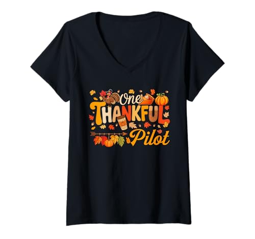 Damen One Thankful Pilot Thanksgiving Fall Türkei Stolzer Job T-Shirt mit V-Ausschnitt von Pilot Thanksgiving Costume
