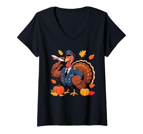 Damen Pilot Job Thanksgiving Truthahn Herbst Blätter Kürbisse T-Shirt mit V-Ausschnitt von Pilot Thanksgiving Costume