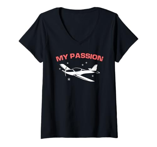 Damen Fliegen Ist Meine Leidenschaft Leichtflugzeug T-Shirt mit V-Ausschnitt von Piloten Mit Herz und Leidenschaft fürs Fliegen