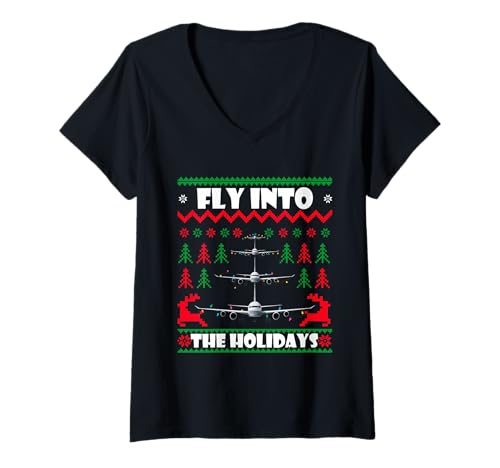 Damen Fliegen Sie in die Feiertage Flugzeuge Ugly Christmas T-Shirt mit V-Ausschnitt Damen Fliegen Sie in die Feiertage Flugzeuge Ugly Christmas T-Shirt mit V-Ausschnitt von Pilots Aviation Ugly Christmas