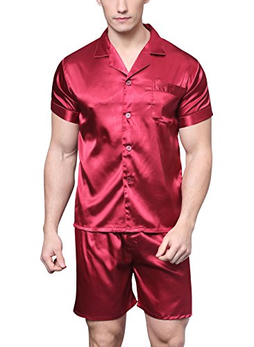 Herren Kurz Satin Schlafanzug Kurzarm Pyjama Set mit Shorts (Burgund, M) von Sanraflic