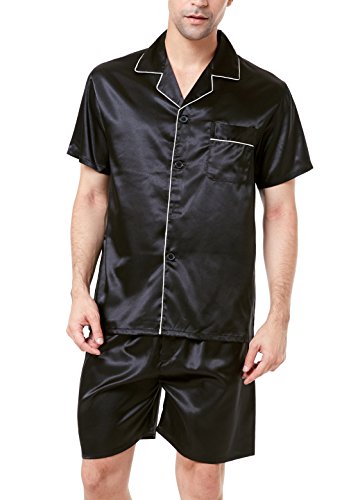 Herren Kurz Satin Schlafanzug Kurzarm Pyjama Set mit Shorts (Schwarz mit weißem Rohr, XL) von Sanraflic